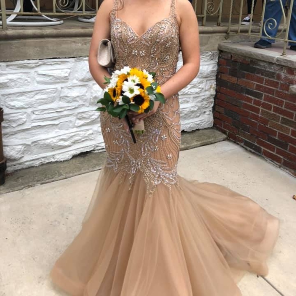 Gold beaded mermaid prom gown